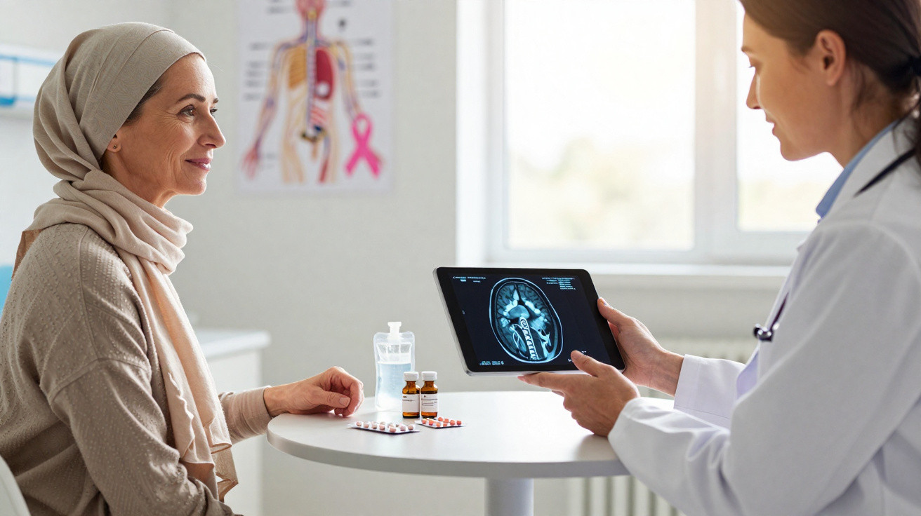 Médica mostra exame cerebral em tablet para paciente com lenço na cabeça, sentados à mesa com medicamentos.