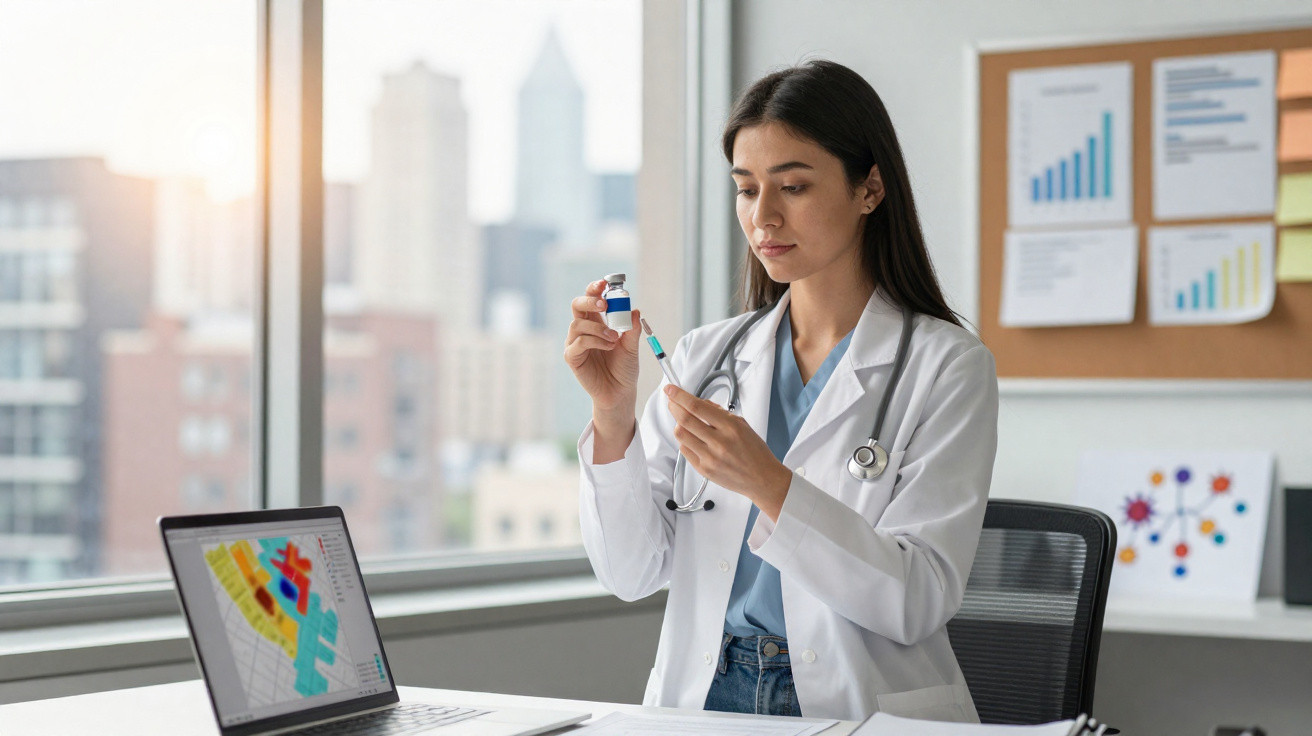 Mulher médica com jaleco prepara seringa com vacina em escritório com gráficos ao fundo.