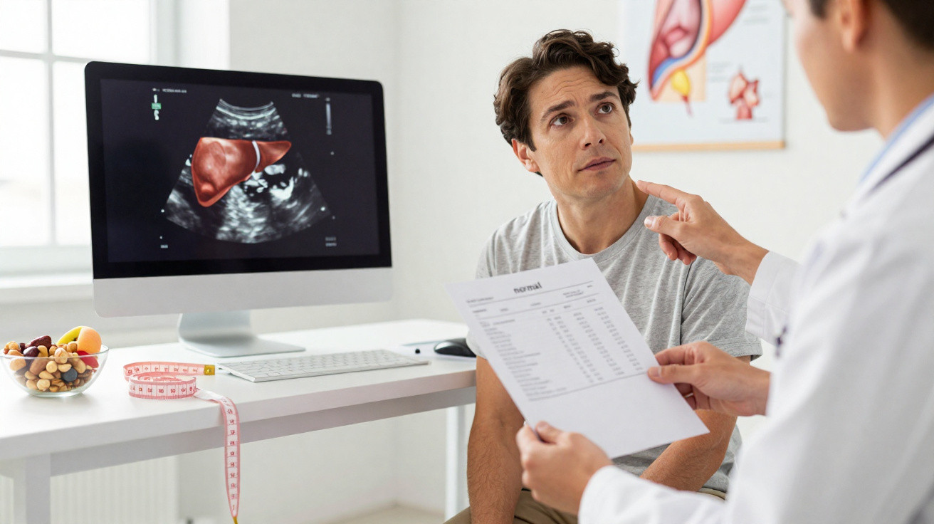 Homem em consulta médica discutindo resultados de exame de imagem do fígado exibido no computador.