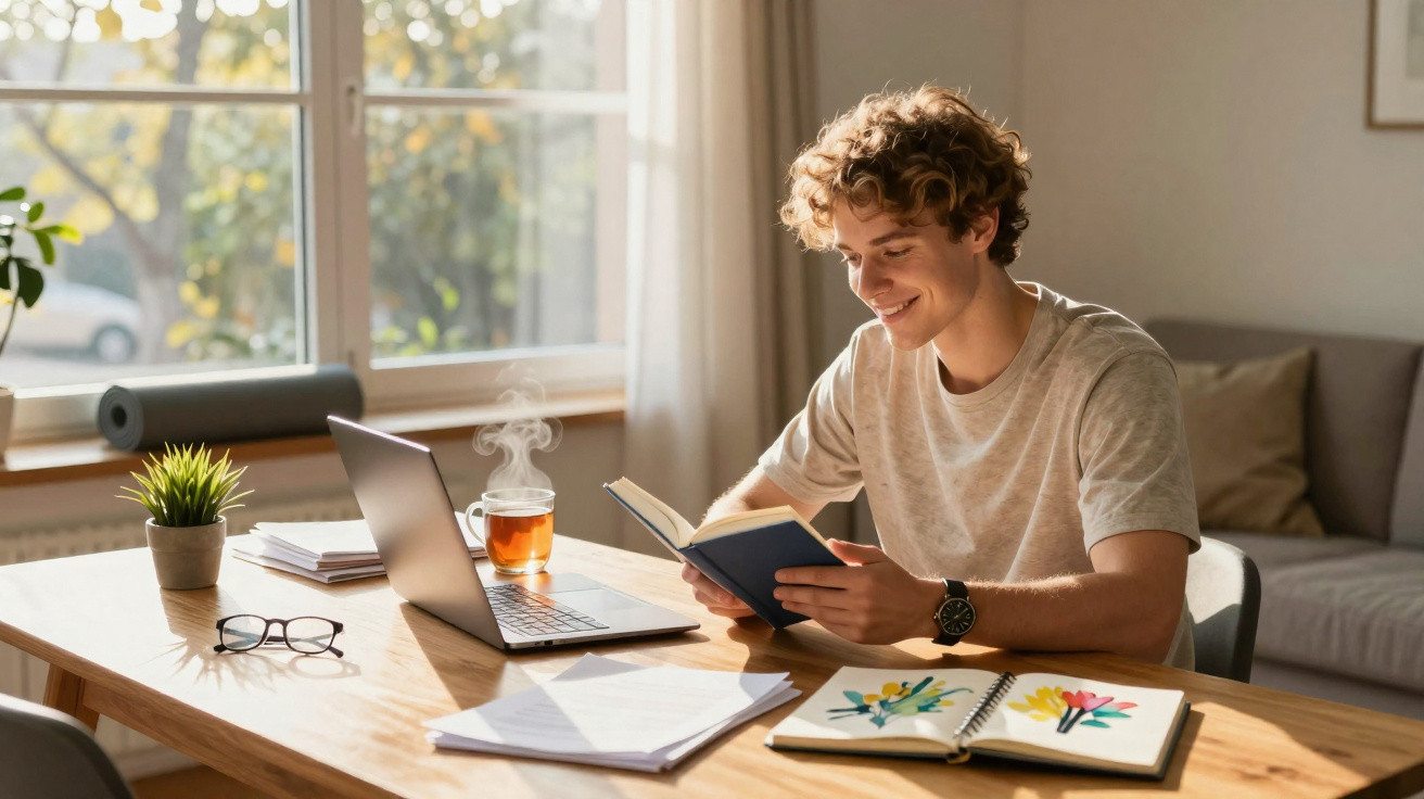 Jovem sorrindo enquanto lê livro sentado à mesa com laptop, caderno aberto e xícara de chá.