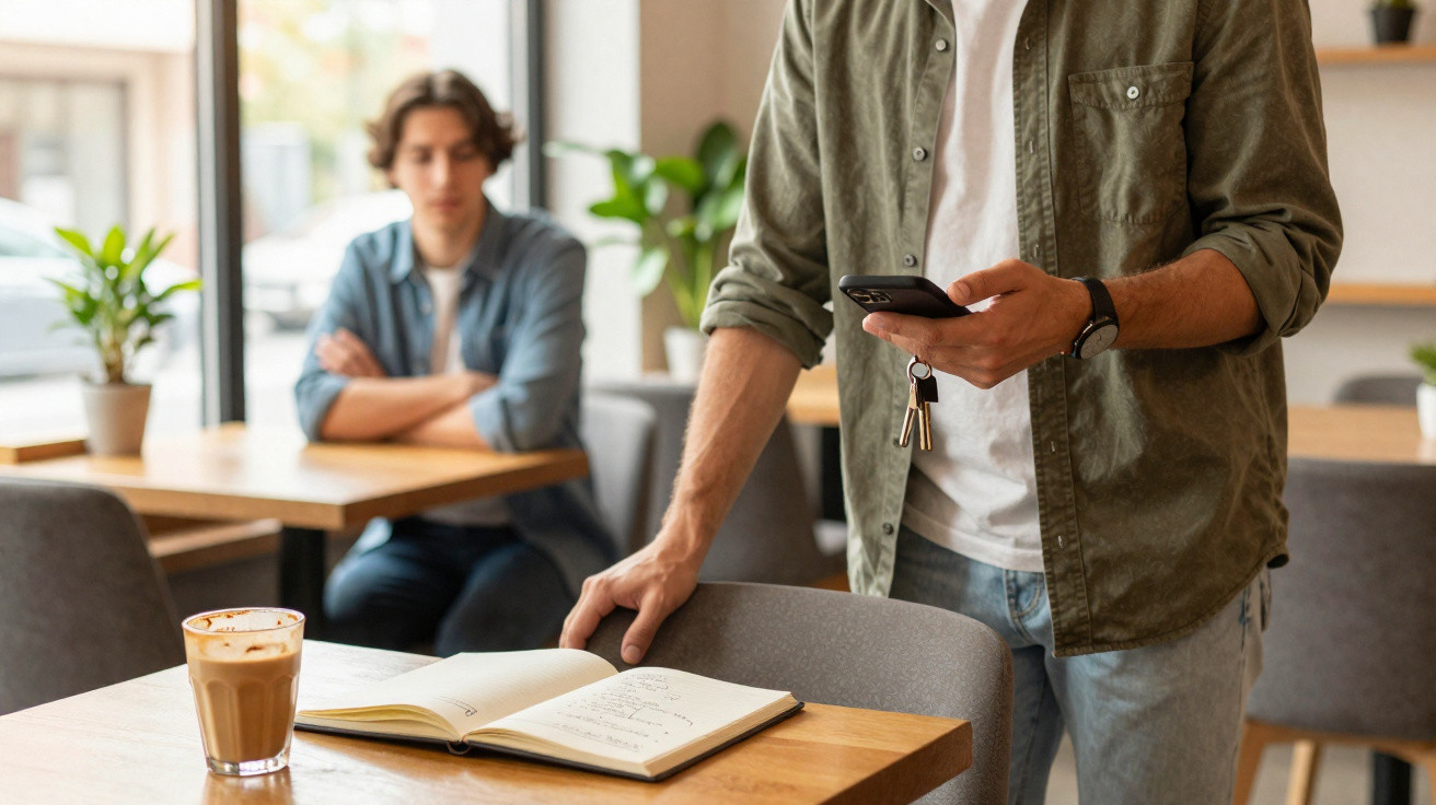 Homem com camisa verde segura celular e chaves em mesa com caderno e café em cafeteria.