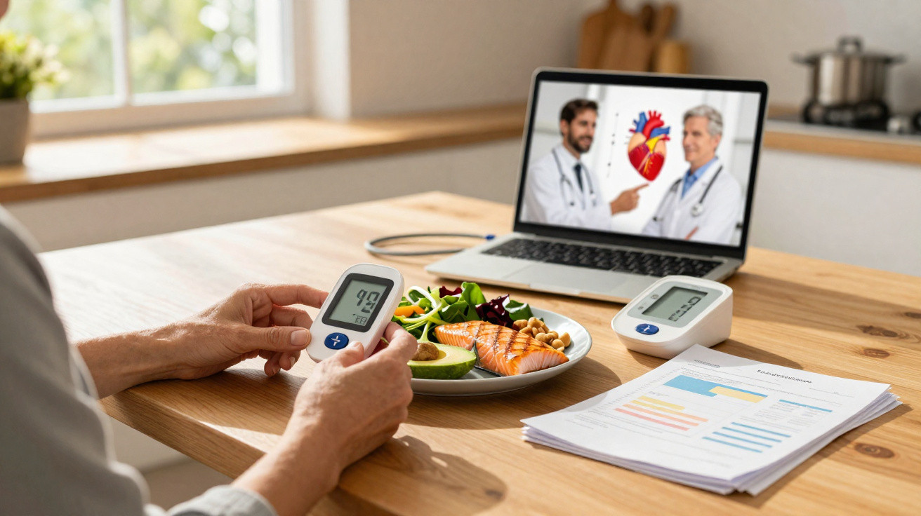 Pessoa medindo glicose ao lado de refeição saudável e consulta médica online sobre coração no laptop.