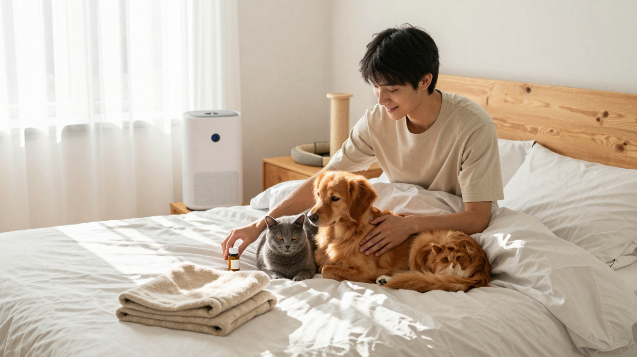 Homem sorridente sentado em cama branca com um cão dourado e dois gatos, em quarto iluminado.