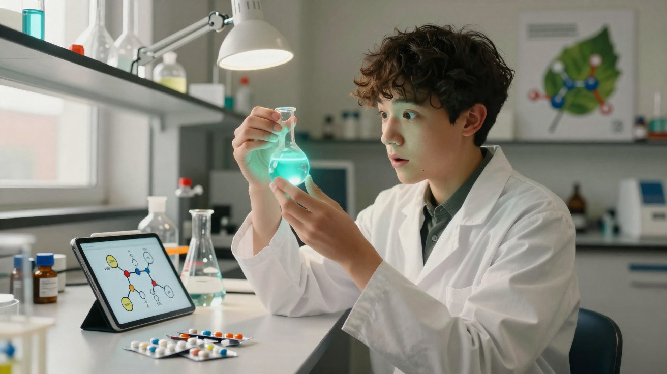 Criança em laboratório observando líquido azul em frasco, com tablet e medicamentos na mesa.