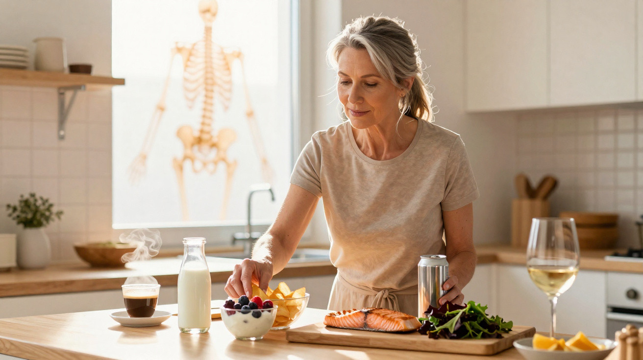 Mulher madura preparando refeição saudável com salmão, salada, frutas e bebidas em cozinha moderna.
