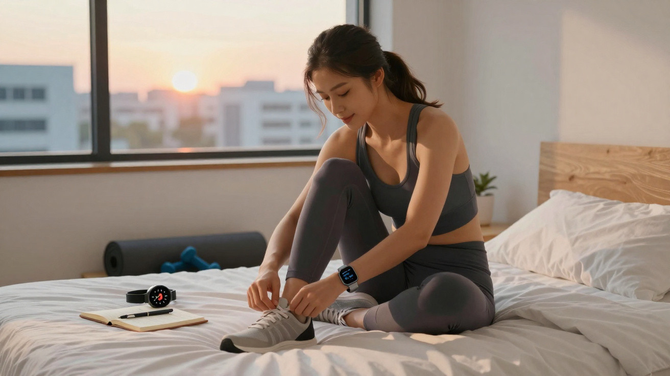 Mulher sentada na cama amarrando tênis, usando roupas de ginástica, com smartwatch e bloco de notas ao lado.