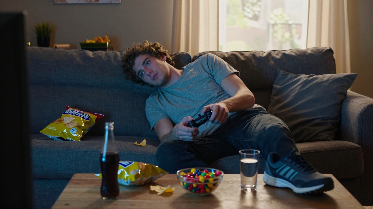 Jovem de camiseta cinza jogando videogame no sofá com snacks e bebida na mesa de madeira à frente.