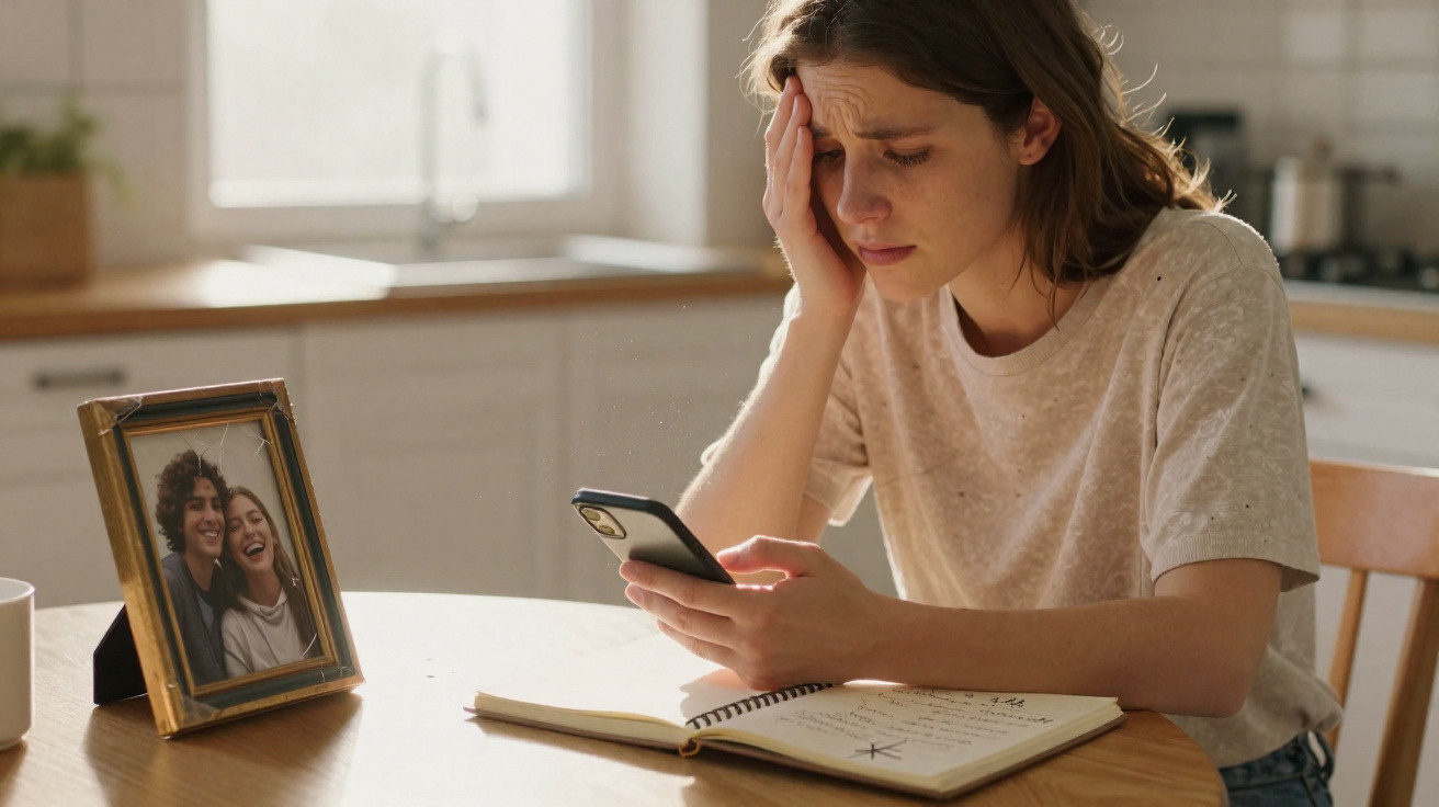 Jovem mulher preocupada olhando para celular sentada à mesa com foto de casal e caderno aberto.
