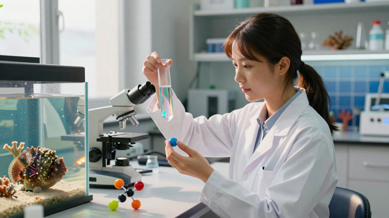 Mulher cientista em laboratório segurando um tubo de ensaio com líquido colorido próximo a um aquário.