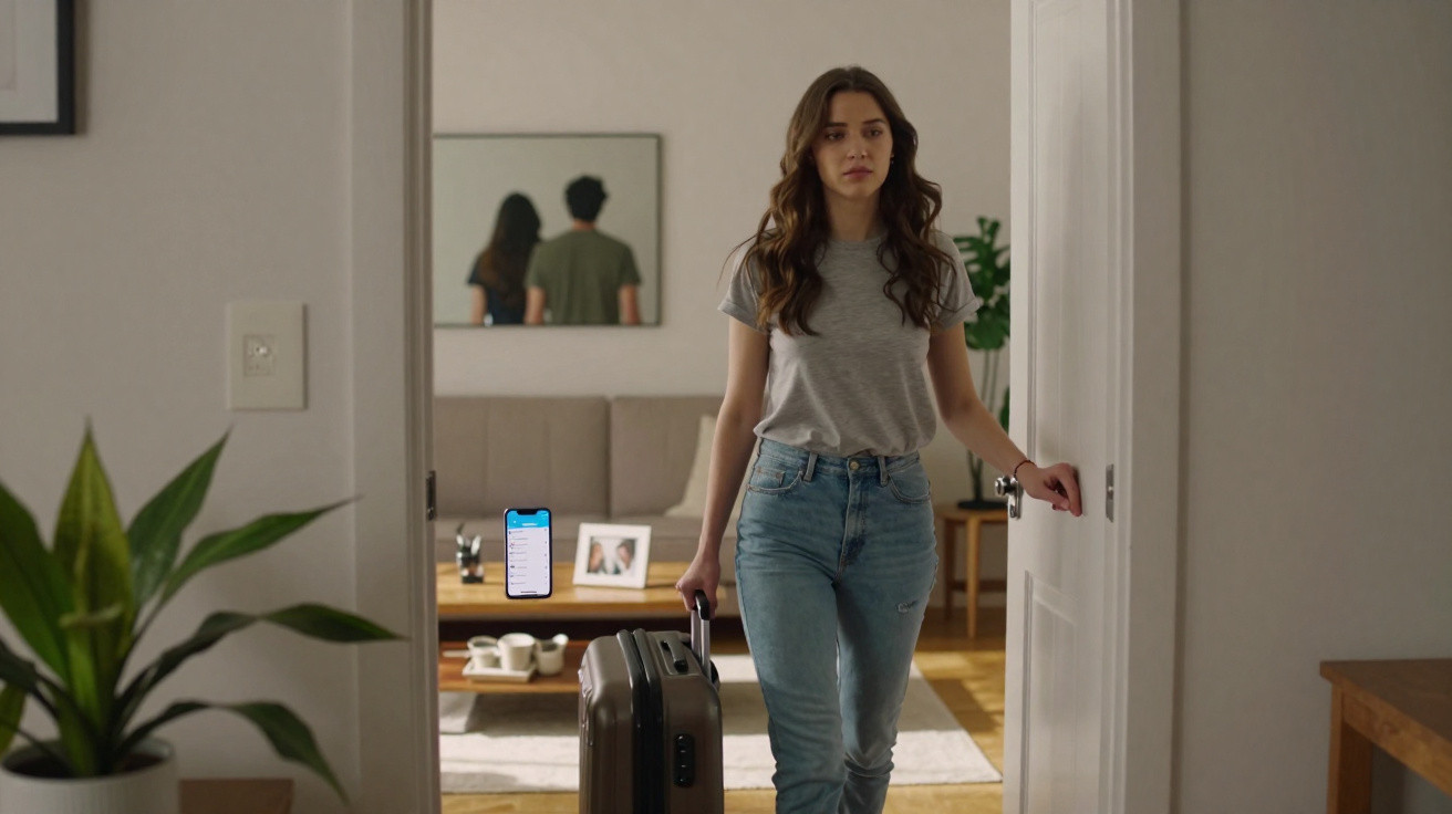 Mulher com camiseta cinza e jeans entrando em casa, puxando mala preta e segurando maçaneta da porta.