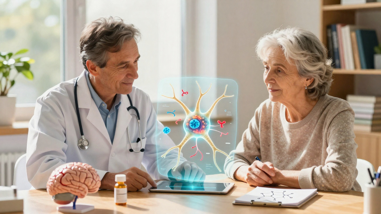 Médico conversando com idosa sobre saúde cerebral, com modelo de cérebro e neurônio holográfico na mesa.