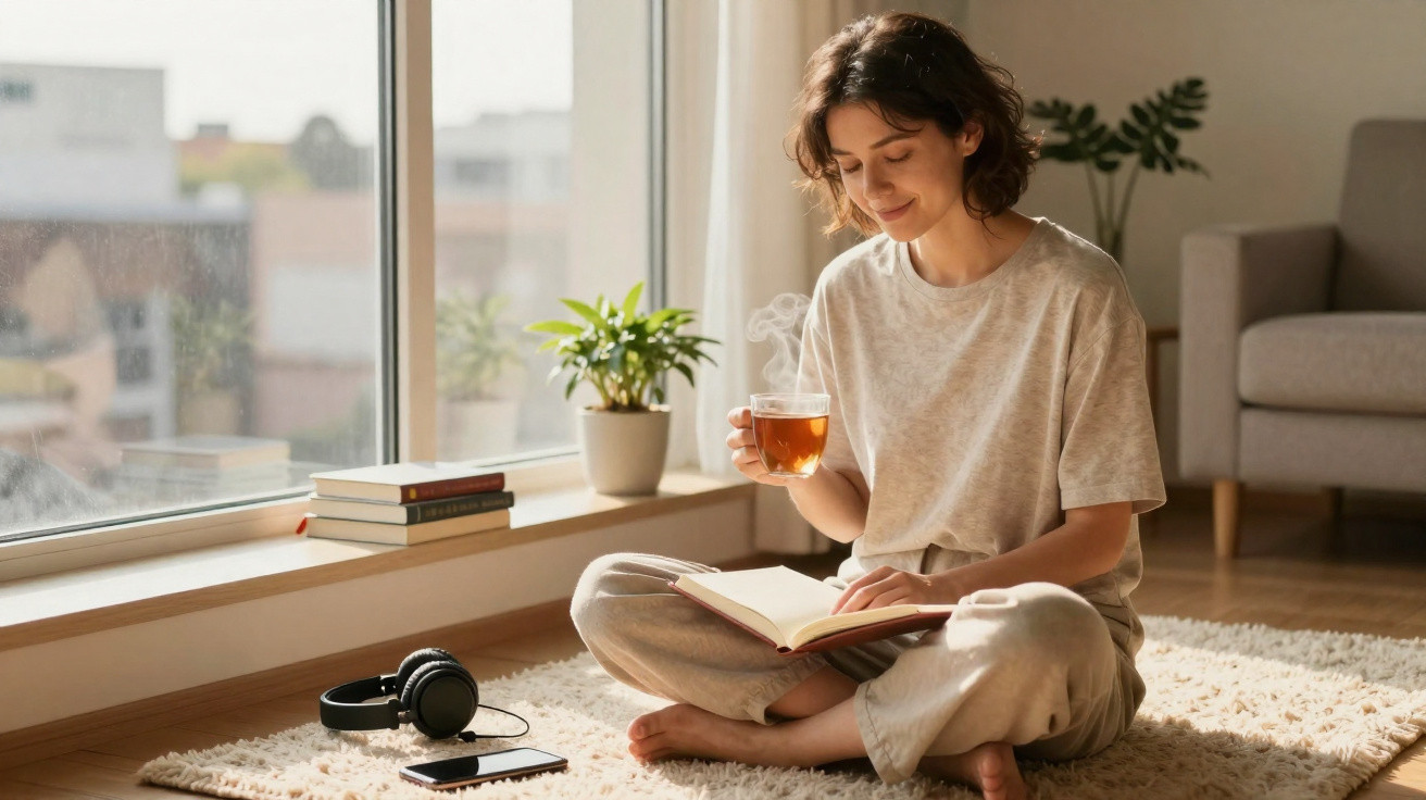 Mulher sentada no chão, lendo livro e segurando xícara de chá, em ambiente iluminado e aconchegante.