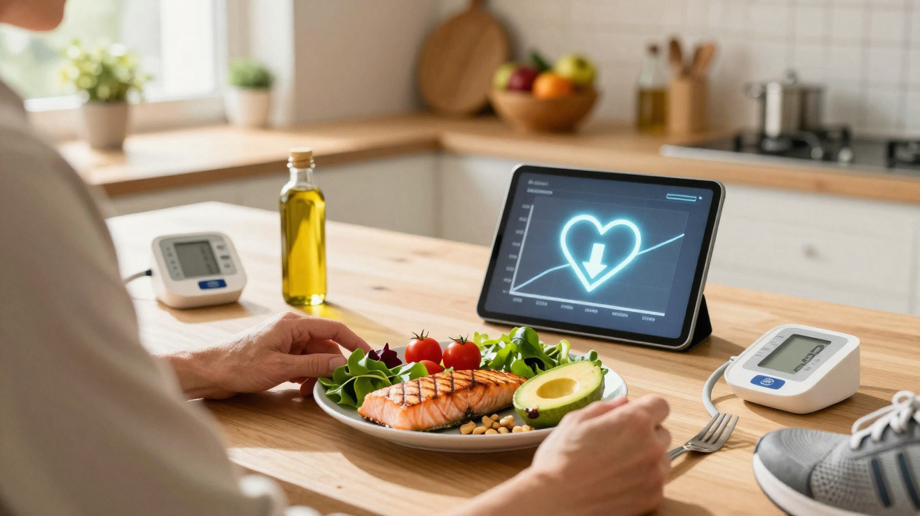 Pessoa à mesa com prato saudável, medidor de pressão e tablet exibindo gráfico de saúde cardíaca.
