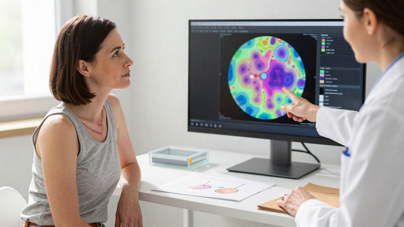 Médica explicando exame colorido para mulher sentada em consultório iluminado por janela.