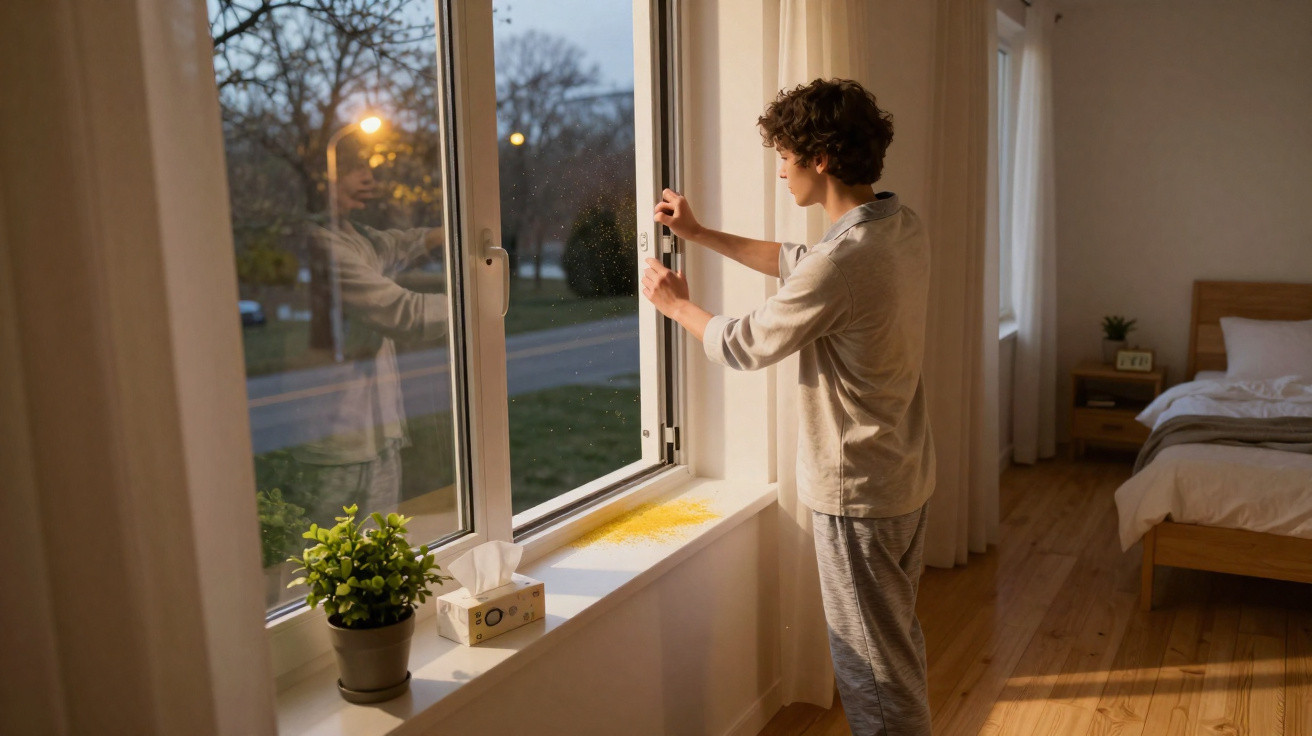 Jovem abrindo janela de quarto ao entardecer, com vaso de planta e caixa de lenços na beirada.