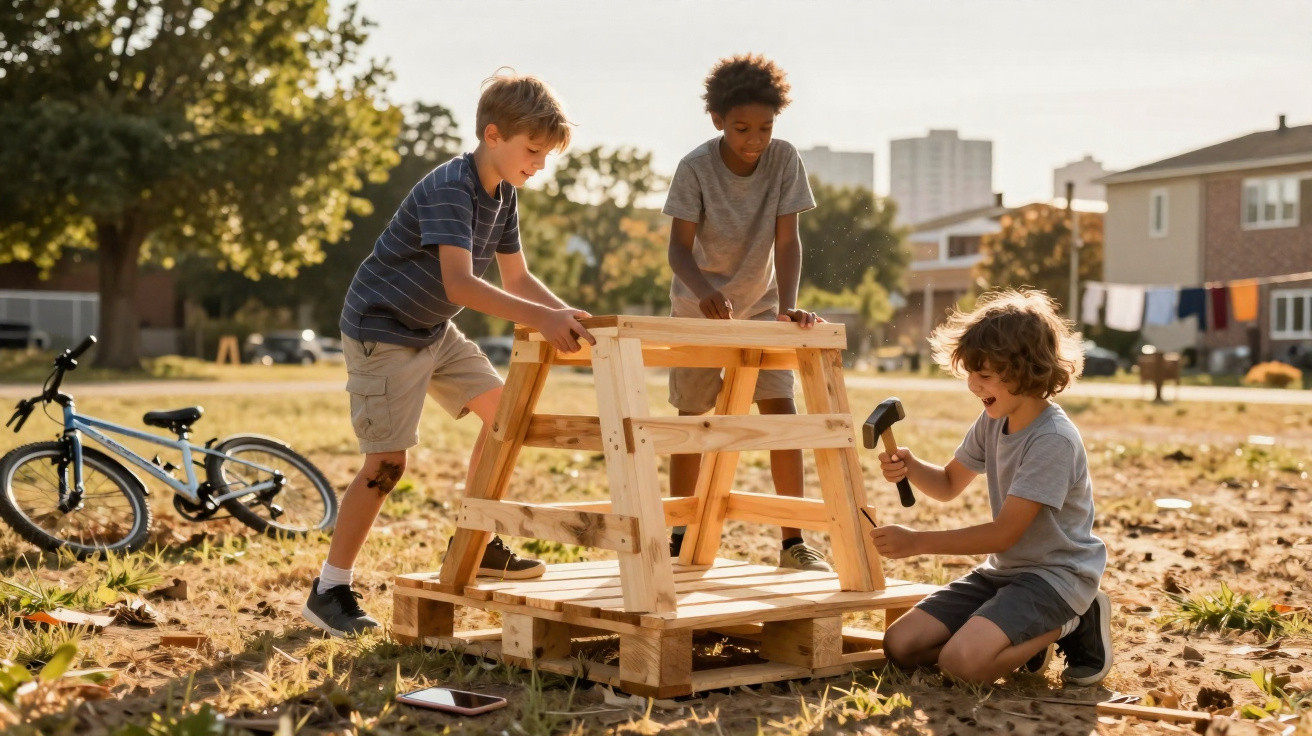 Três meninos brincam ao ar livre montando uma estrutura de madeira em um dia ensolarado.