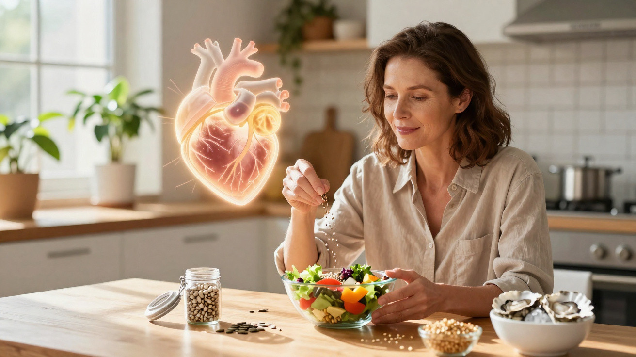 Mulher temperando salada na cozinha com imagem digital de coração destacando saúde cardiovascular.