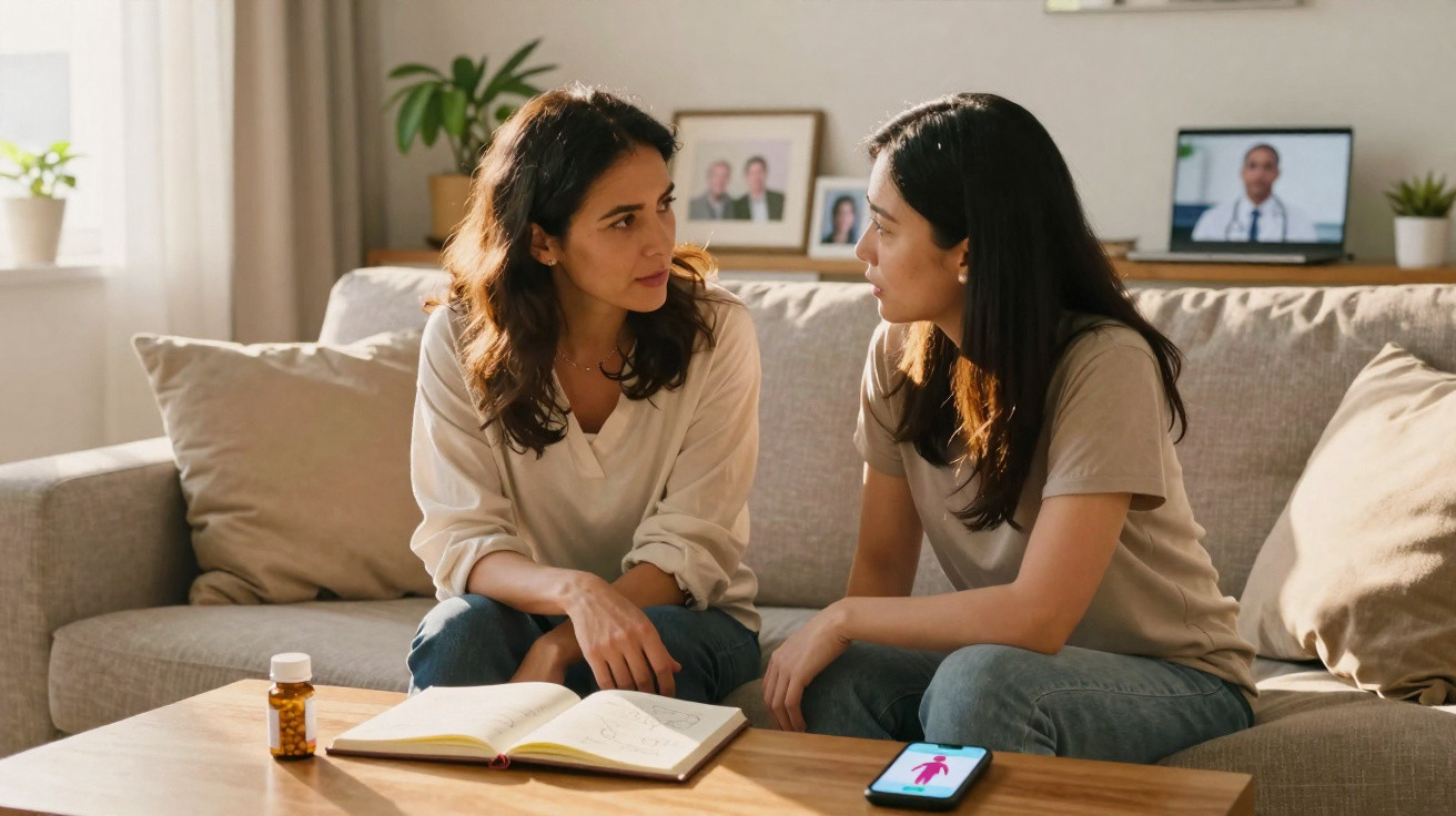 Duas mulheres conversando sentadas no sofá com remédio, caderno aberto e celular sobre a mesa de madeira.
