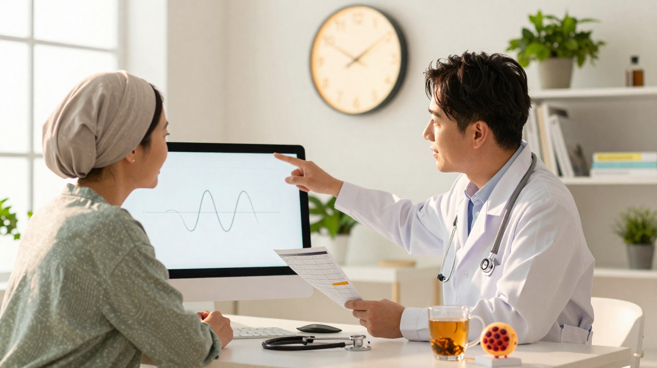 Médico explica resultados de exame para paciente em consultório com computador e relógio na parede.