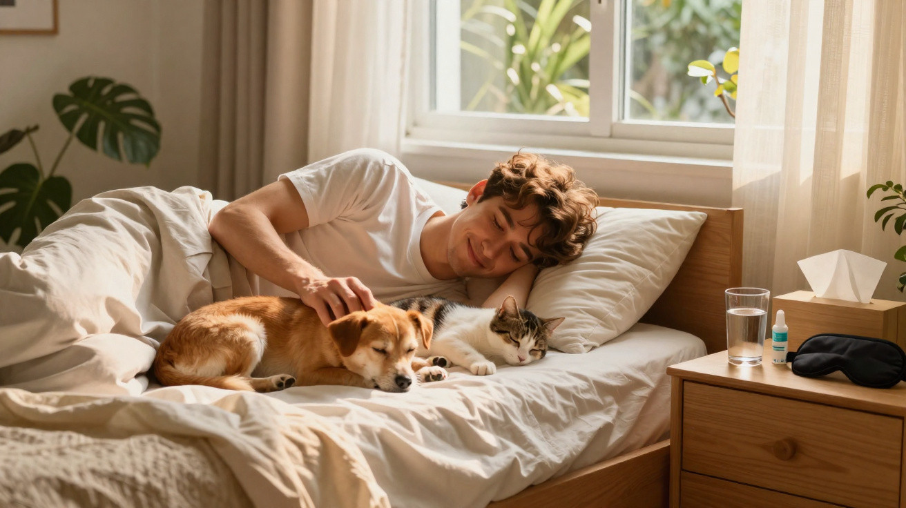 Homem deitado na cama acariciando um cachorro e um gato enquanto eles descansam juntos.