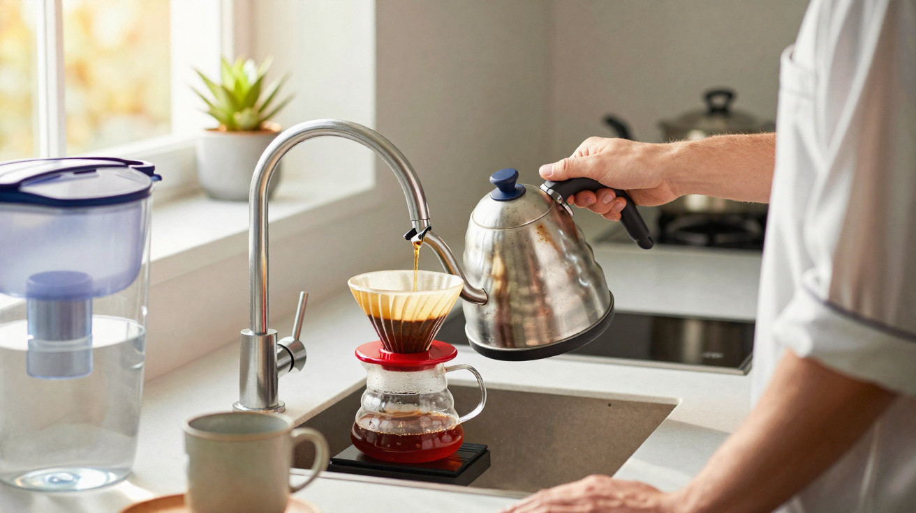 Pessoa preparando café coado em coador de vidro sobre balança digital na pia da cozinha iluminada.