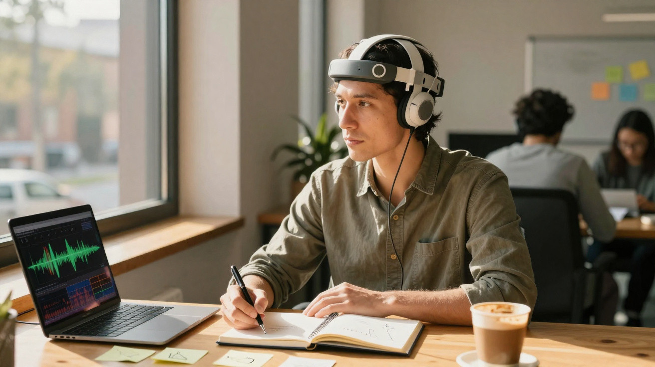 Jovem usando capacete de EEG e fones de ouvido, escrevendo em caderno perto de laptop com gráficos.