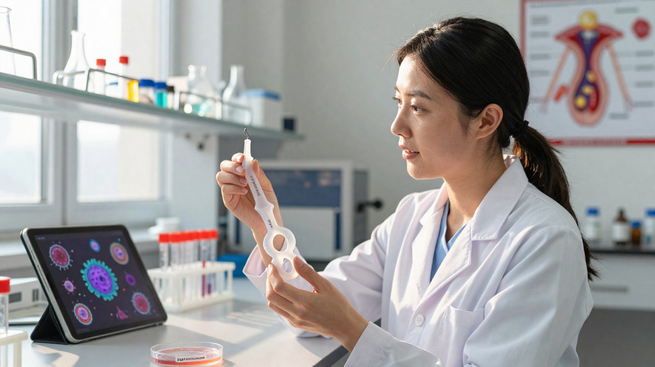 Cientista mulher em laboratório segurando aparelho para teste com vírus mostrado em tablet ao lado.