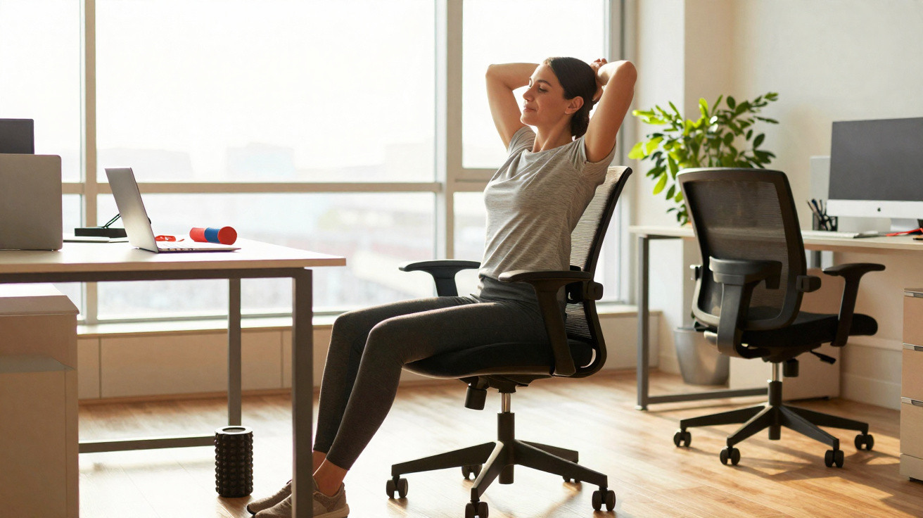 Mulher sentada em cadeira de escritório, relaxando com braços atrás da cabeça, perto de mesa com laptop.