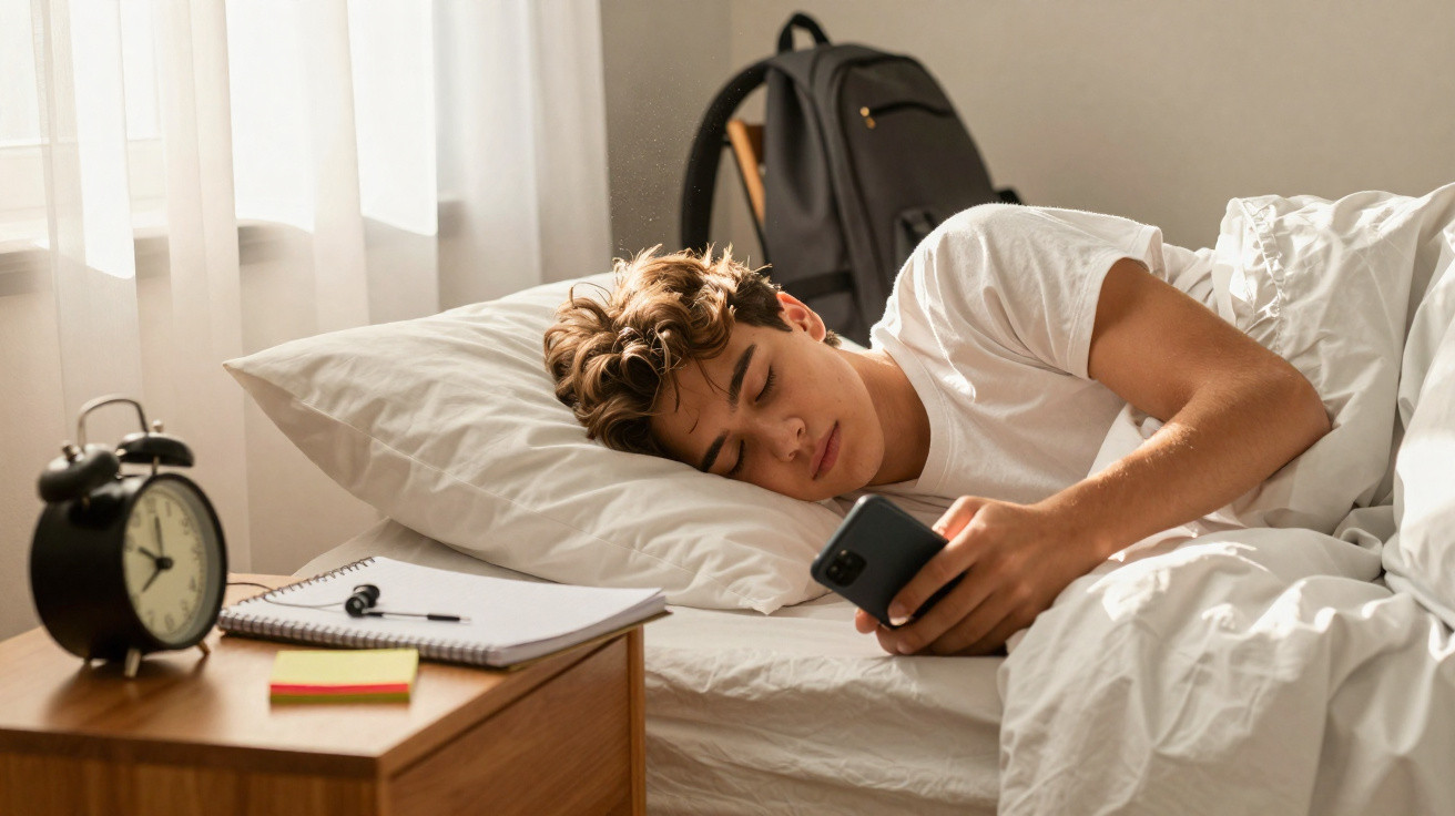 Jovem deitado na cama, com celular na mão, ao lado de mesa com despertador, caderno e caneta.