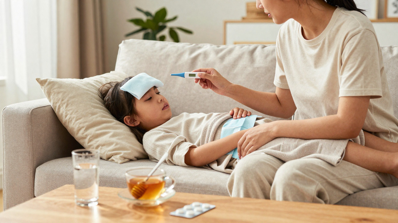 Criança deitada no sofá com compressas, sendo medicada por adulto que verifica a temperatura com termômetro digital.