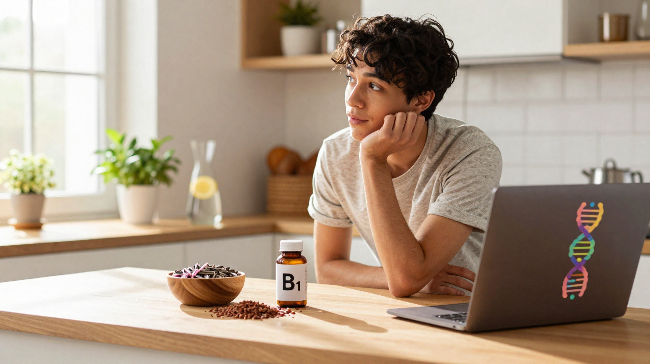 Jovem pensativo sentado à mesa com frasco de vitamina B1, sementes e notebook com ilustração de DNA.