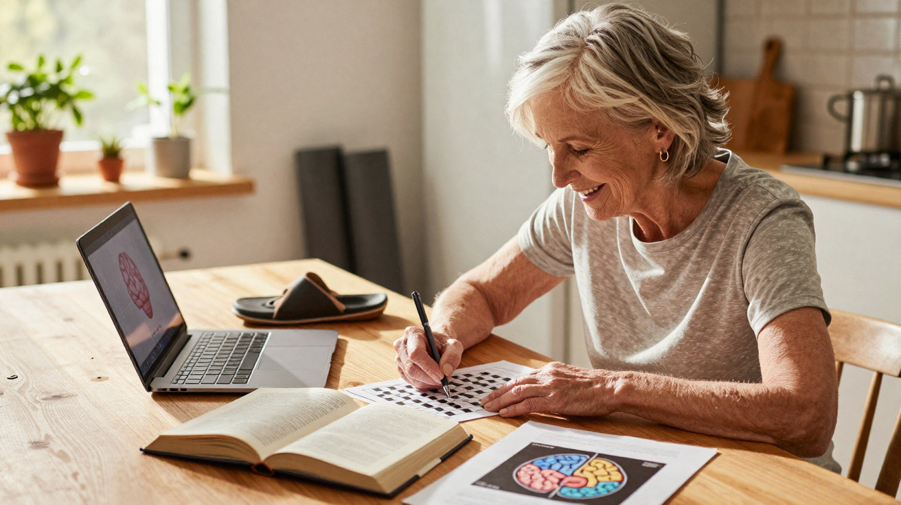 Mulher idosa sorrindo enquanto resolve palavras cruzadas em mesa com laptop e livros.