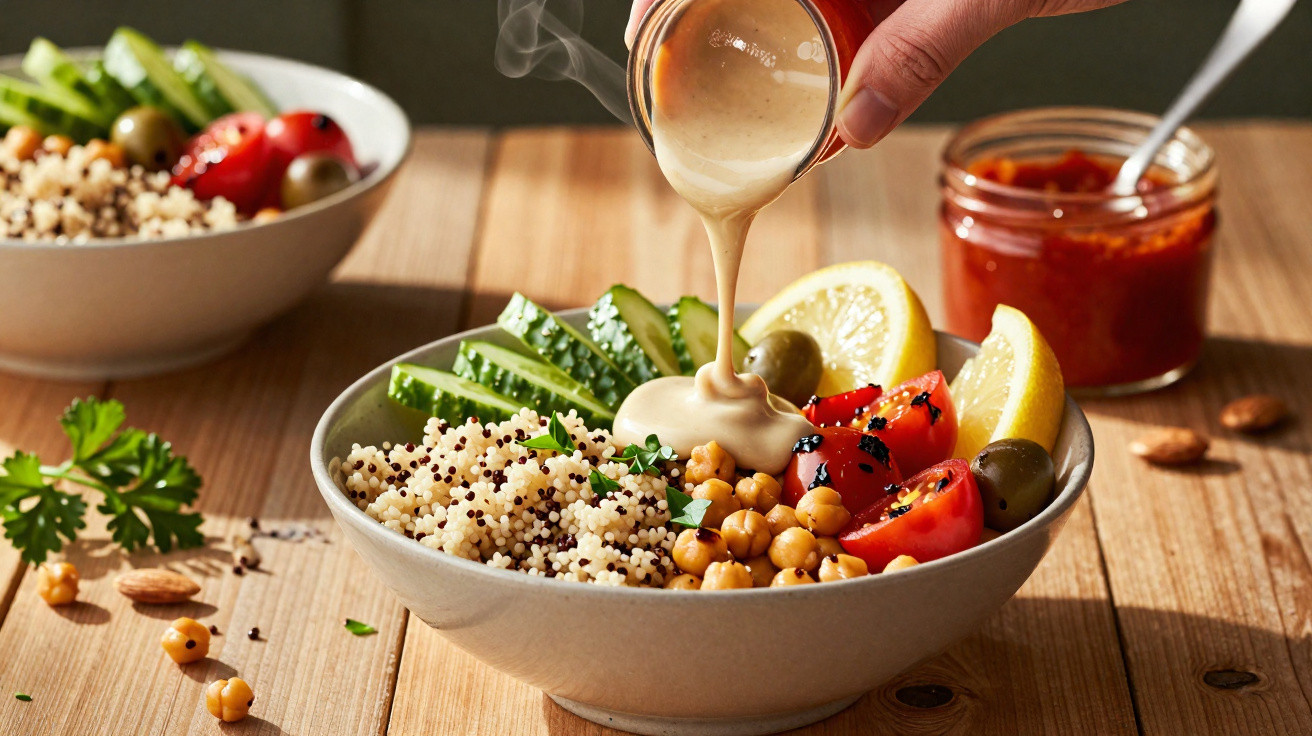 Tigela com salada de grão-de-bico, quinoa, tomates, pepino, azeitonas e molho sendo derramado por cima.