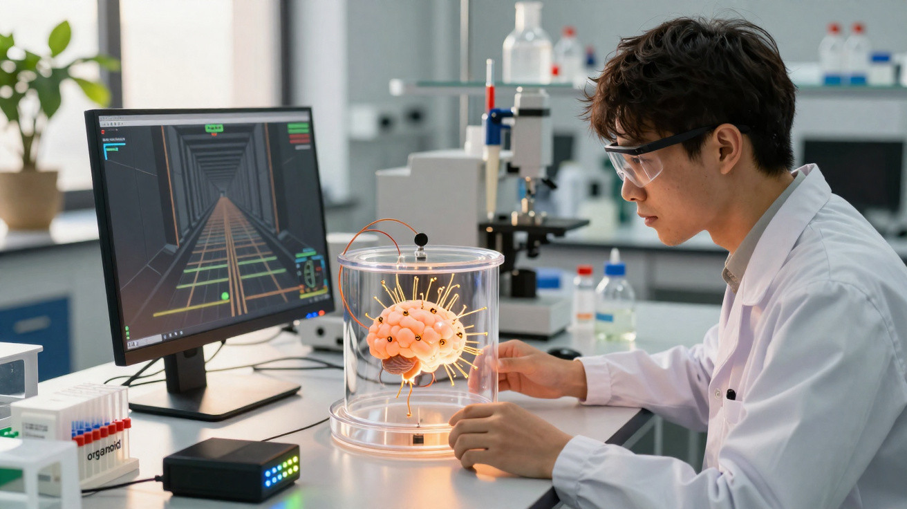 Cientista com jaleco branco analisa cérebro artificial em laboratório moderno com computador e equipamentos científicos.