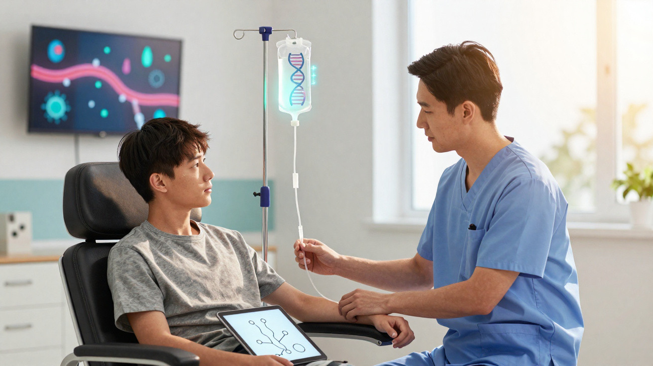 Paciente jovem recebendo soro com DNA, monitorado por profissional de saúde em ambiente clínico moderno.