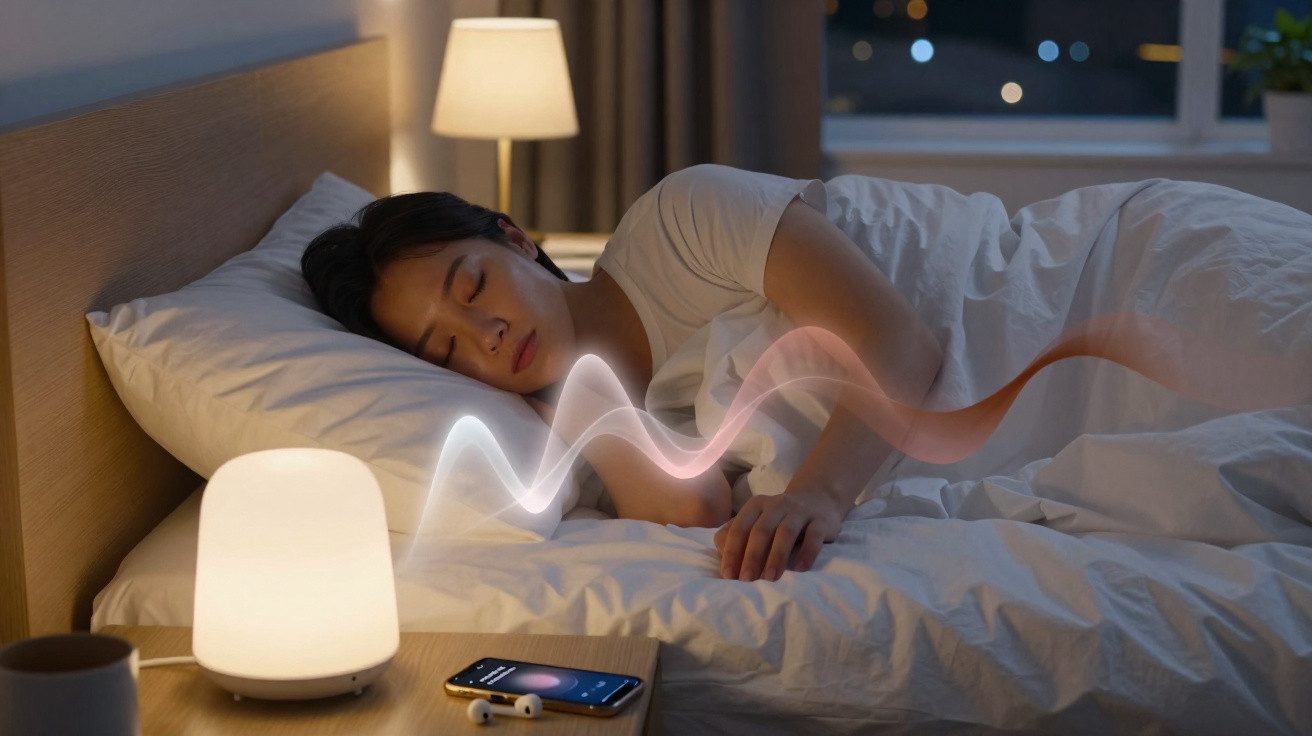 Mulher dormindo na cama com abajur aceso e smartphone na cabeceira à noite.