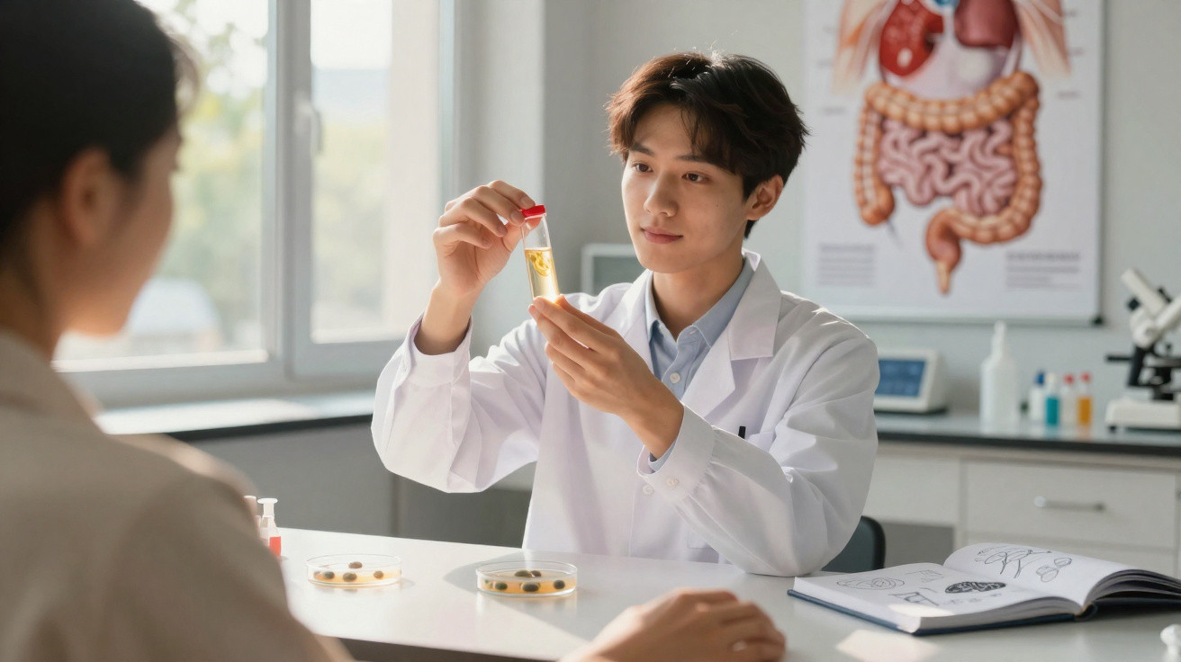 Jovem cientista analisando amostra em tubo de ensaio durante consulta em laboratório científico.