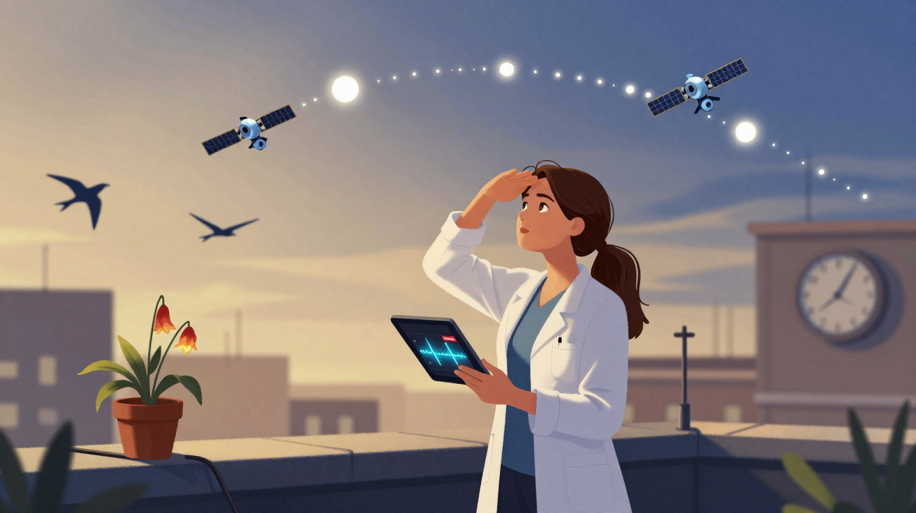 Mulher com jaleco observa satélites no céu ao entardecer segurando tablet em terraço urbano.