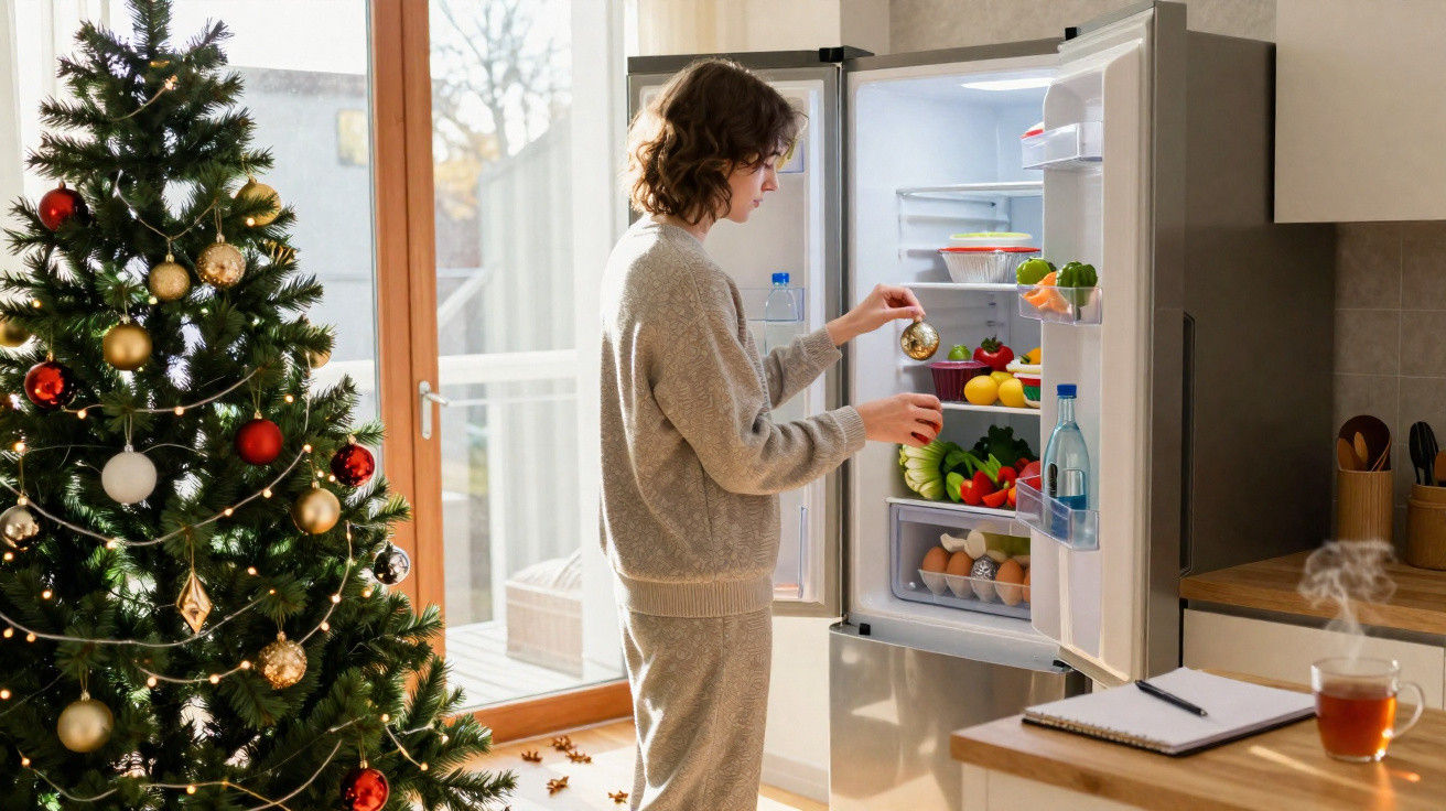 Pessoa decorando a geladeira com enfeites natalinos ao lado de árvore de Natal em cozinha.