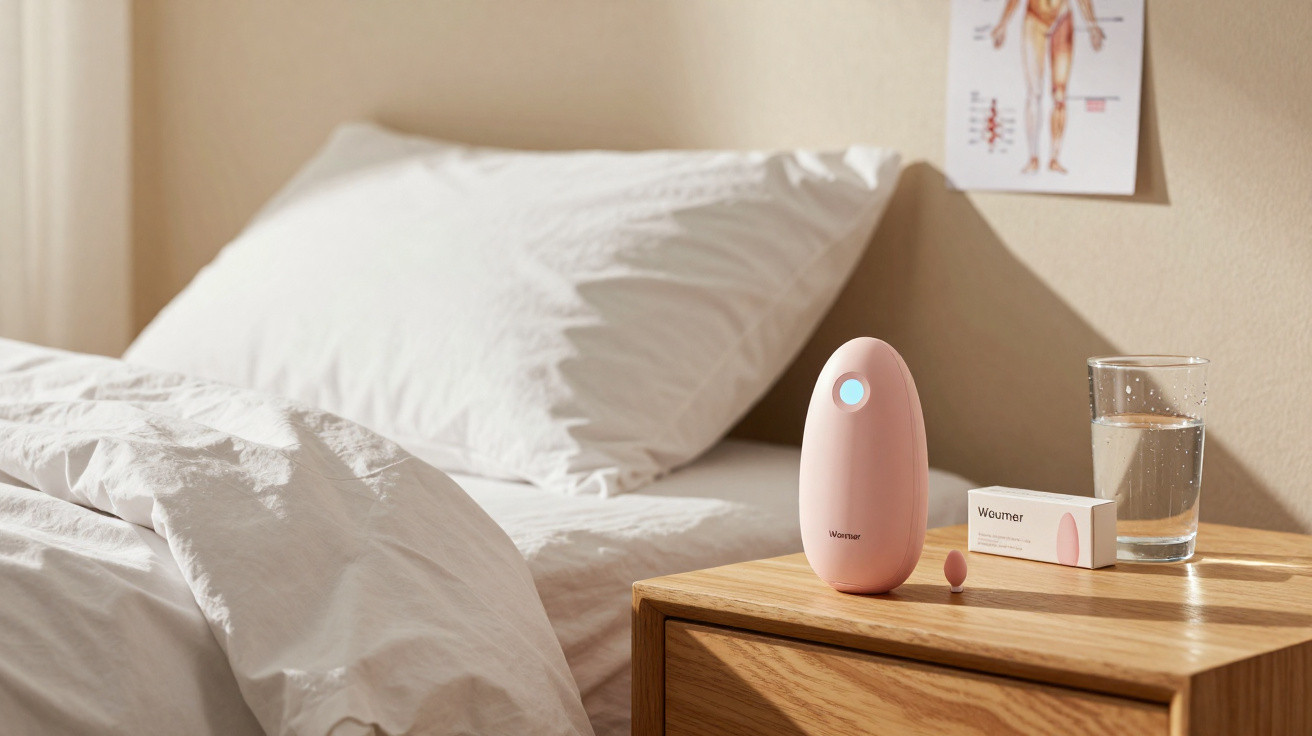 Dispositivo eletrônico rosa, comprimido e copo d'água sobre mesa de cabeceira ao lado de cama arrumada.