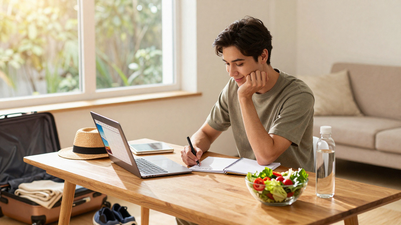 Jovem sentado à mesa estudando com laptop, caderno, salada e garrafa de água em ambiente iluminado.