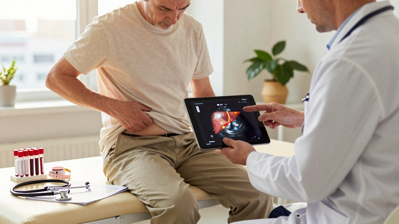 Homem com dor abdominal consulta médico que mostra ultrassom de fígado em tablet na clínica.