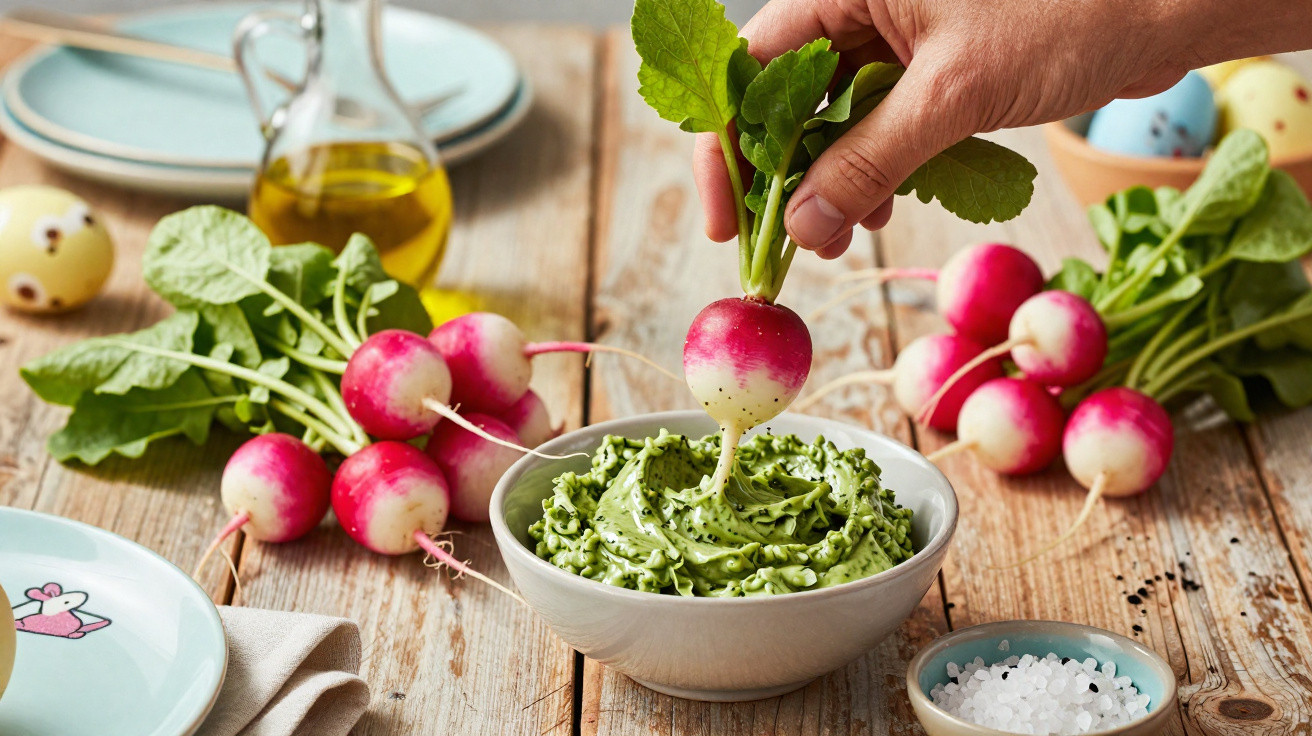 Mão segurando rabanete, mergulhando em molho verde, com rabanetes e temperos sobre mesa de madeira.