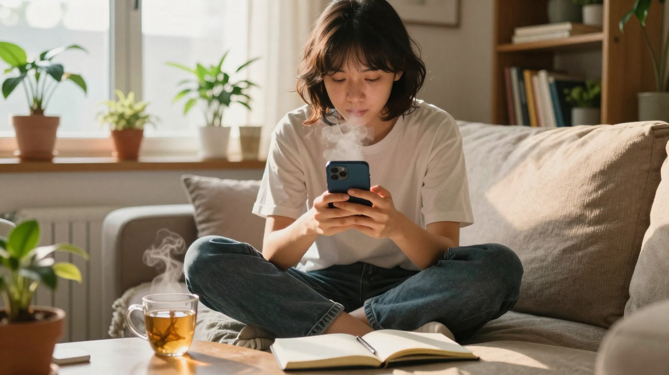 Jovem sentada no sofá usando celular, com livro aberto e xícara de chá fumegante na mesa à frente.
