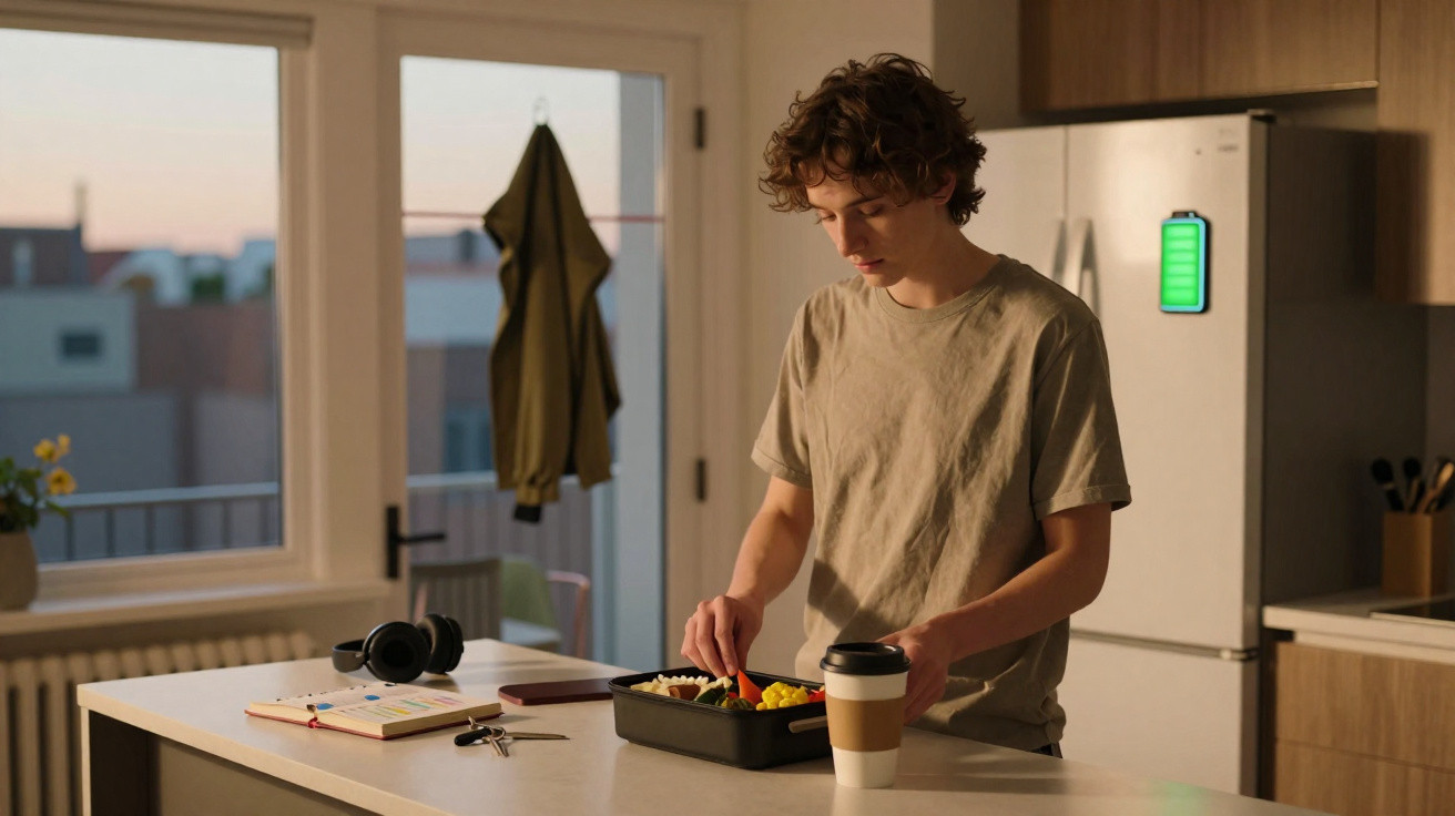 Jovem prepara comida em recipiente plástico na cozinha moderna ao entardecer, com café e fones sobre a bancada.