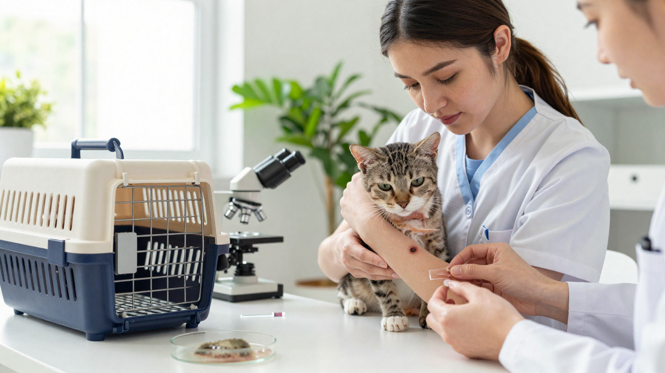 Veterinárias cuidando de gato com curativo no braço em clínica veterinária.