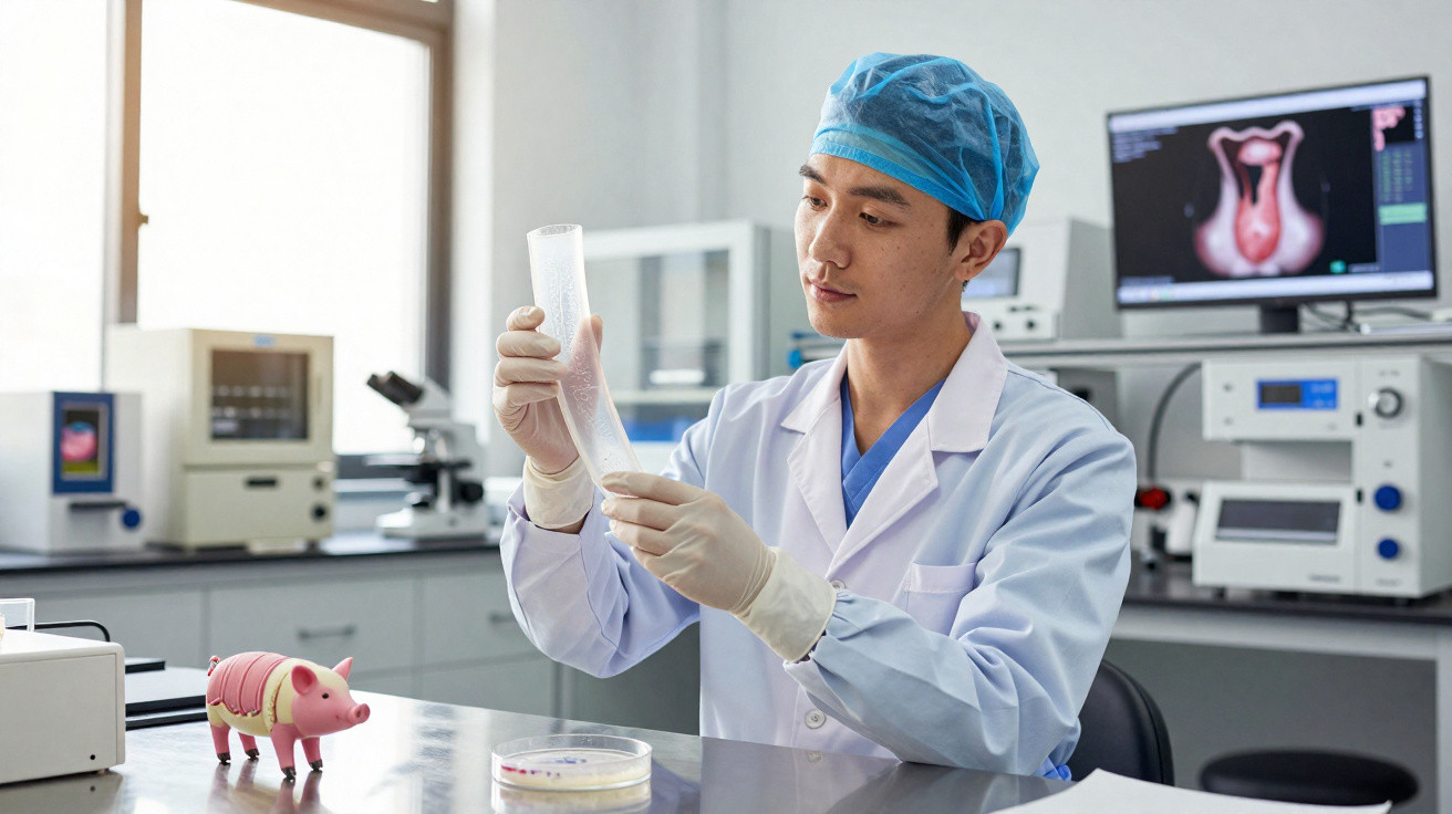 Cientista em laboratório com jaleco, touca e luvas manipulando material transparente.