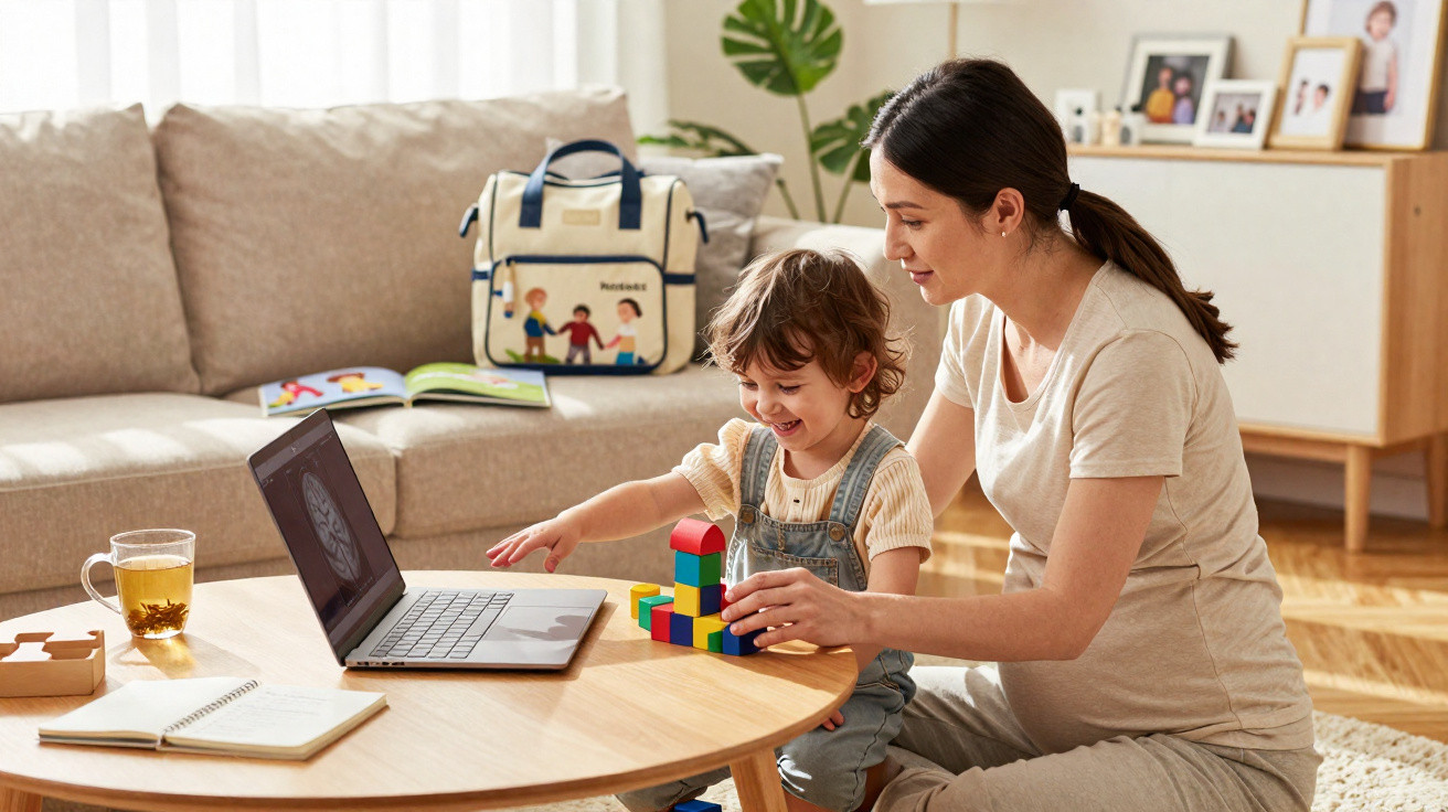 Mãe e filho brincam com blocos coloridos na mesa enquanto assistem algo no notebook em sala iluminada.