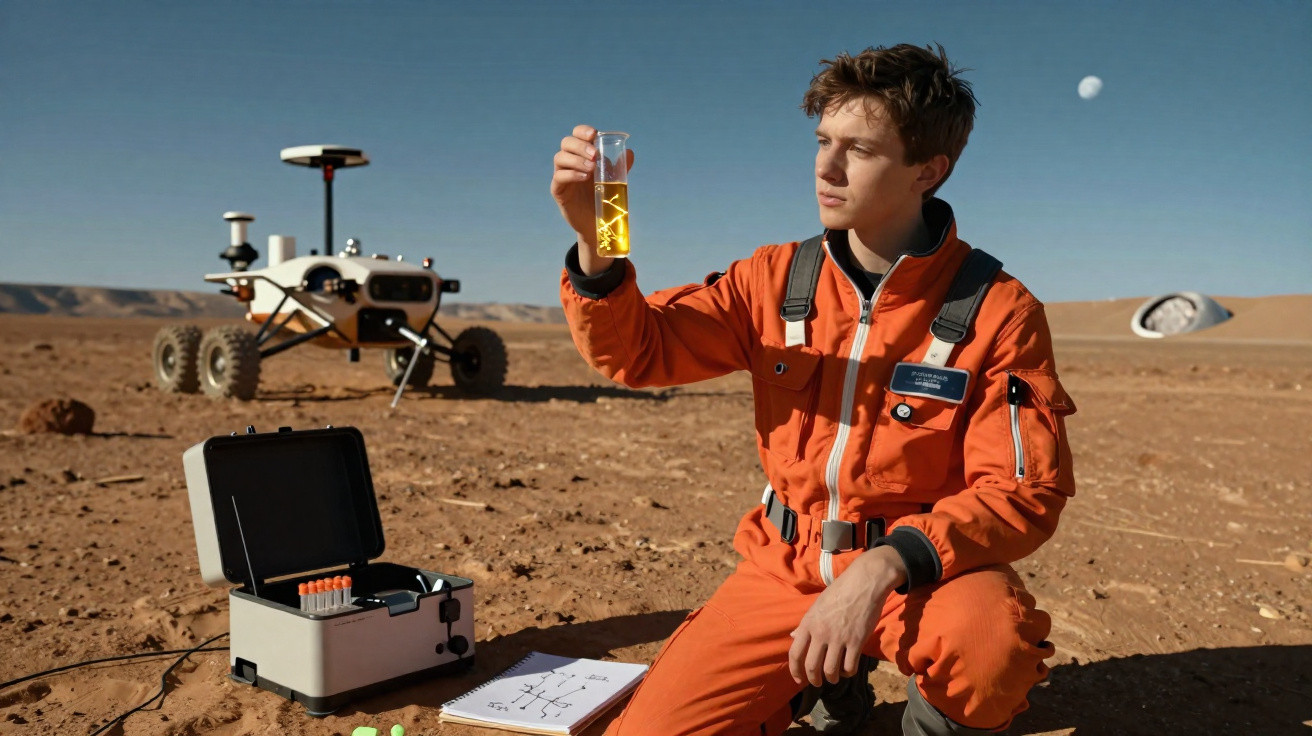 Jovem cientista em traje laranja examina líquido amarelo em paisagem desértica com rover e equipamentos científicos.