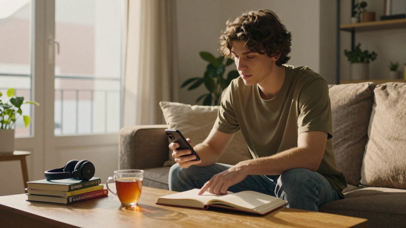 Jovem sentado no sofá lendo livro e olhando celular, com livros, fones e chá na mesa de madeira à frente.